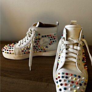 Christian Louboutin White High-Top Sneakers with Multicolor Studs